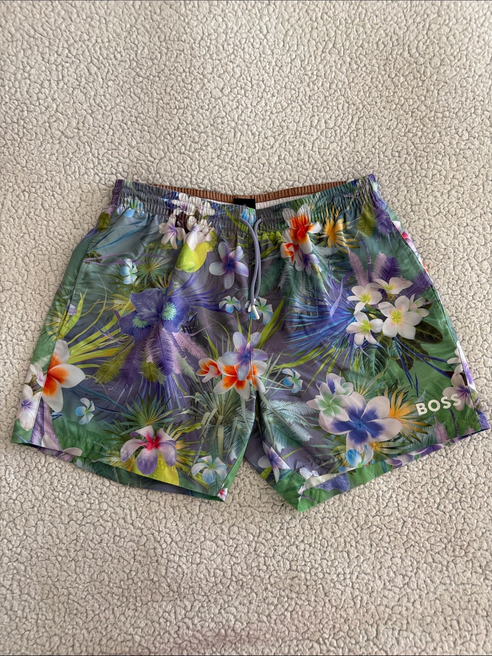 BOSS Green Tropical Floral Swim Shorts with Multicolor Blooms with lining